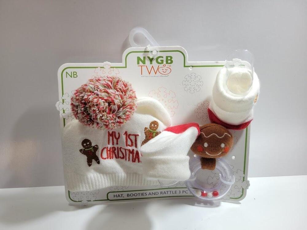 NYGB TWO Hat Booties Rattle Set Girls Newborn White My 1st Christmas Gingerbread